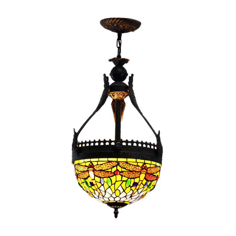 Mediterranean Stained Glass Dragonfly Chandelier Lamp - 3 Lights, Orange/Green Pendant