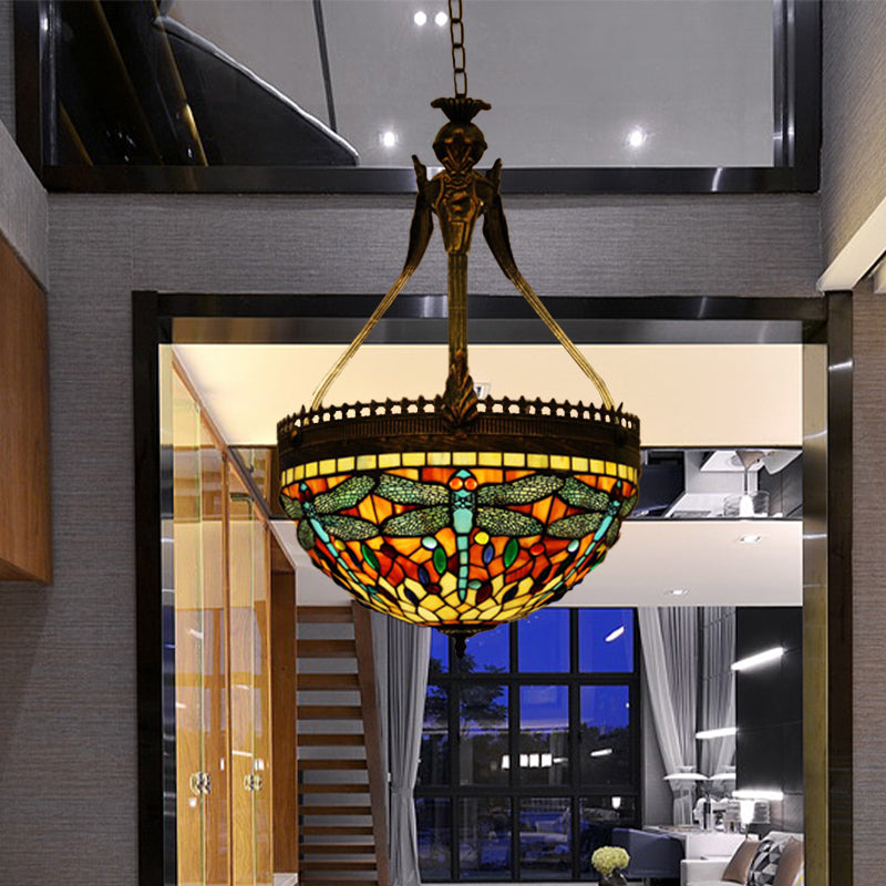 Tiffany Style Dragonfly Chandelier - 3 Light Stained Glass Hanging Lamp In Yellow/Orange/Pink And