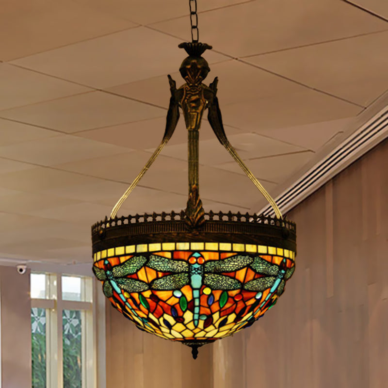 Tiffany Style Dragonfly Chandelier - 3 Light Stained Glass Hanging Lamp In Yellow/Orange/Pink And