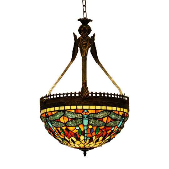 Tiffany Style Dragonfly Chandelier - 3 Light Stained Glass Hanging Lamp In Yellow/Orange/Pink And