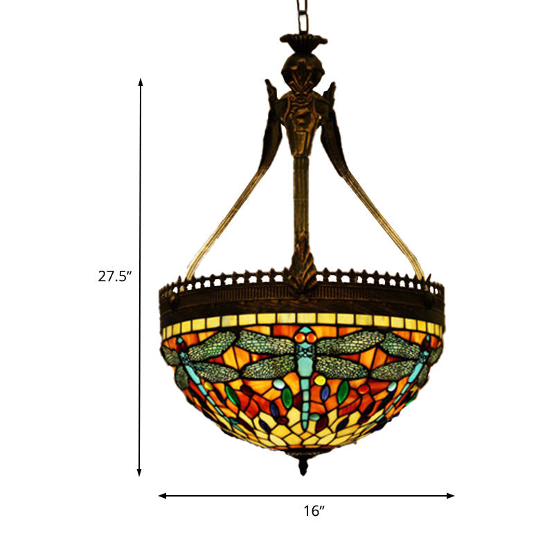 Tiffany Style Dragonfly Chandelier - 3 Light Stained Glass Hanging Lamp In Yellow/Orange/Pink And