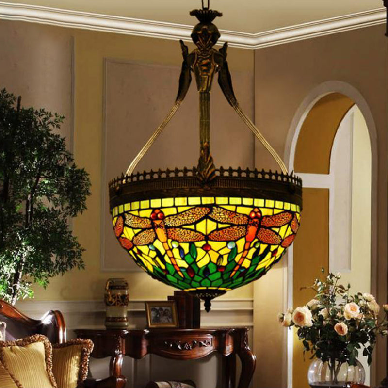 Tiffany Style Dragonfly Chandelier - 3 Light Stained Glass Hanging Lamp In Yellow/Orange/Pink And