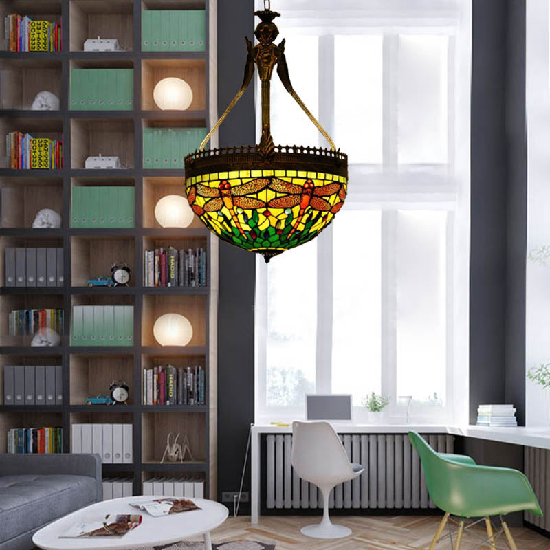 Tiffany Style Dragonfly Chandelier - 3 Light Stained Glass Hanging Lamp In Yellow/Orange/Pink And