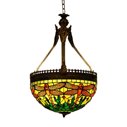 Tiffany Style Dragonfly Chandelier - 3 Light Stained Glass Hanging Lamp In Yellow/Orange/Pink And