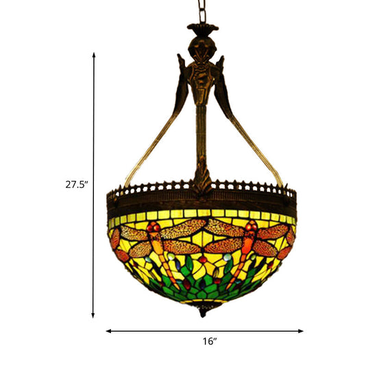 Tiffany Style Dragonfly Chandelier - 3 Light Stained Glass Hanging Lamp In Yellow/Orange/Pink And