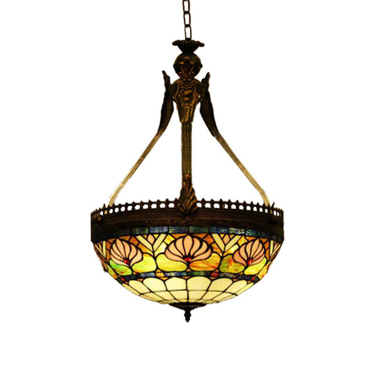 Tiffany Style Dragonfly Chandelier - 3 Light Stained Glass Hanging Lamp In Yellow/Orange/Pink And