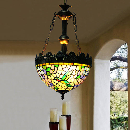 Vintage Brass Floral Chandelier - Tiffany Style Stained Glass - 3 Lights - Ceiling or Hanging Lamp - 12"/16" Wide