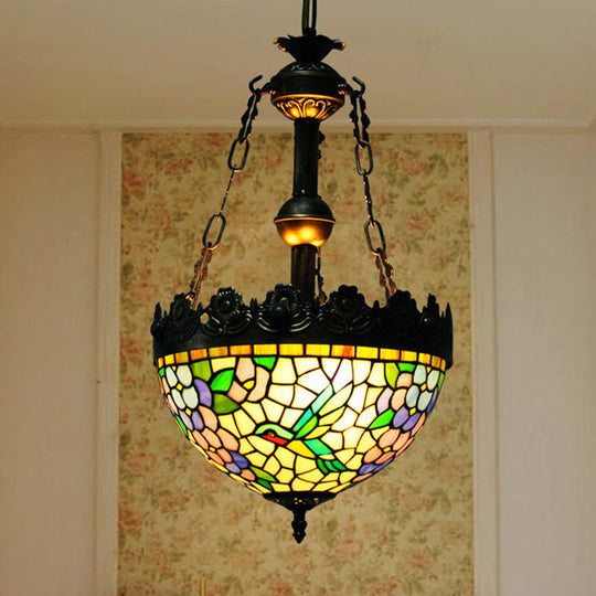 Vintage Brass Floral Chandelier - Tiffany Style Stained Glass - 3 Lights - Ceiling or Hanging Lamp - 12"/16" Wide