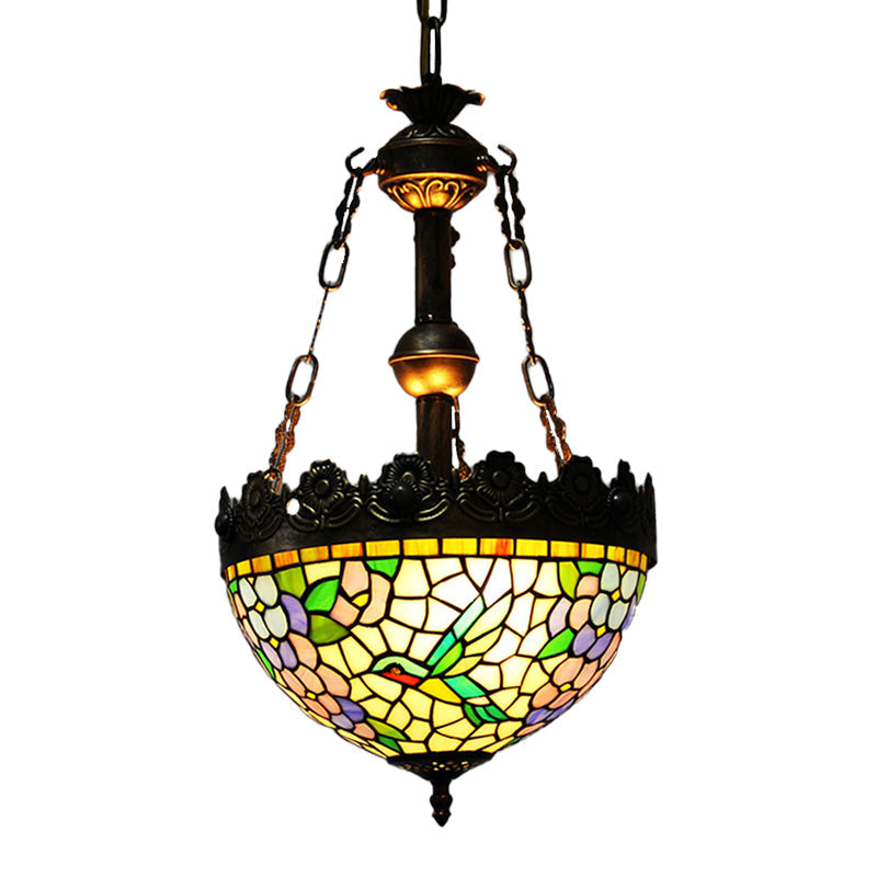 Vintage Brass Floral Chandelier - Tiffany Style Stained Glass - 3 Lights - Ceiling or Hanging Lamp - 12"/16" Wide