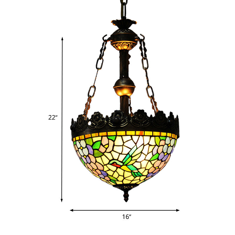 Vintage Brass Floral Chandelier - Tiffany Style Stained Glass - 3 Lights - Ceiling or Hanging Lamp - 12"/16" Wide