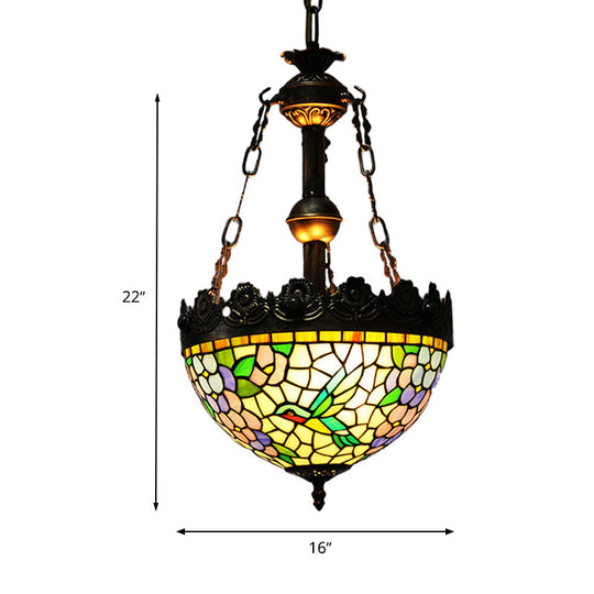 Vintage Brass Floral Chandelier - Tiffany Style Stained Glass - 3 Lights - Ceiling or Hanging Lamp - 12"/16" Wide