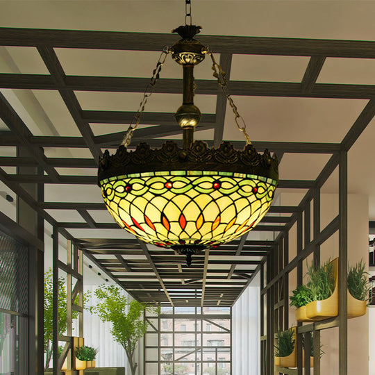 Mediterranean Stained Glass Pendant Chandelier with 3 Antique Brass Lights - Dragonfly, Heart, and Geometric Design