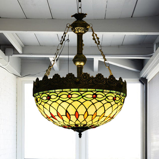 Mediterranean Stained Glass Pendant Chandelier with 3 Antique Brass Lights - Dragonfly, Heart, and Geometric Design