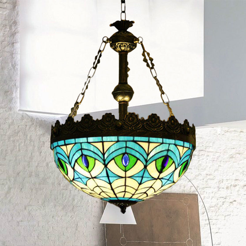 Mediterranean Stained Glass Pendant Chandelier with 3 Antique Brass Lights - Dragonfly, Heart, and Geometric Design