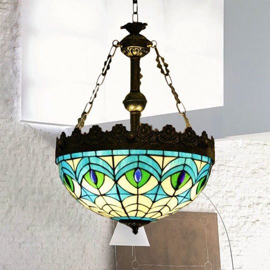 Mediterranean Stained Glass Pendant Chandelier with 3 Antique Brass Lights - Dragonfly, Heart, and Geometric Design