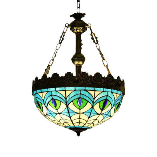 Mediterranean Stained Glass Pendant Chandelier with 3 Antique Brass Lights - Dragonfly, Heart, and Geometric Design