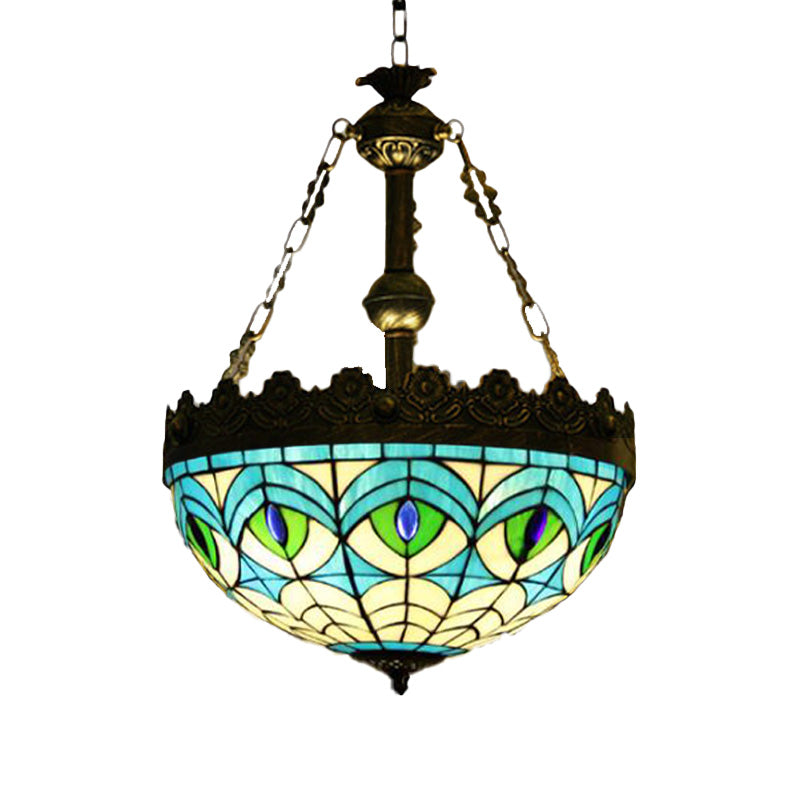 Dragonfly Heart Geometric Stained Glass Pendant Light - 3-Light Hanging Chandelier In Antique Brass