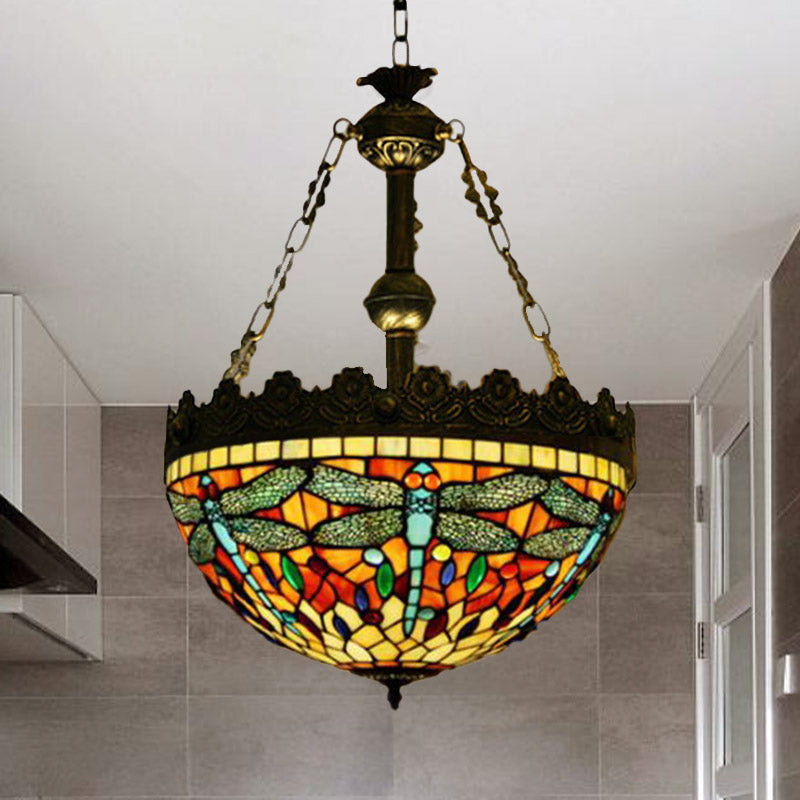 Mediterranean Stained Glass Pendant Chandelier with 3 Antique Brass Lights - Dragonfly, Heart, and Geometric Design