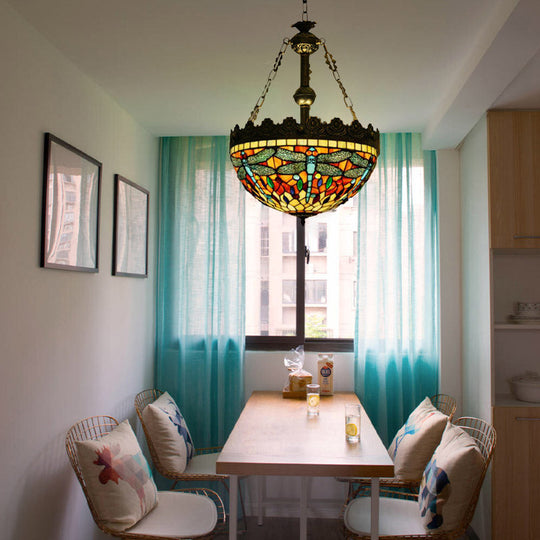 Mediterranean Stained Glass Pendant Chandelier with 3 Antique Brass Lights - Dragonfly, Heart, and Geometric Design