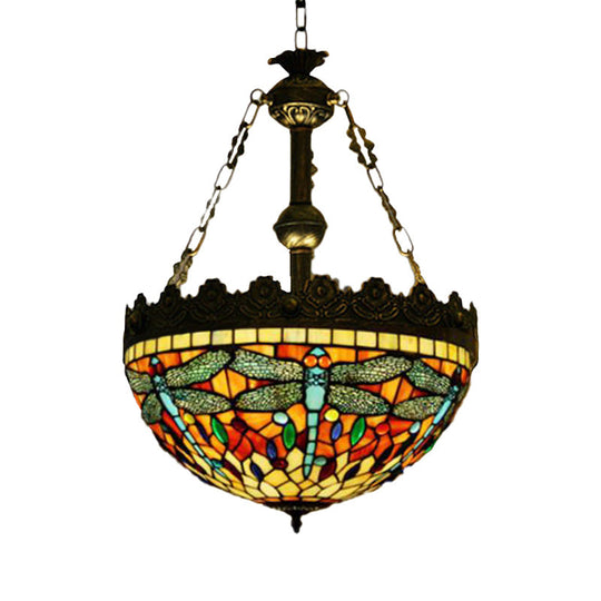 Mediterranean Stained Glass Pendant Chandelier with 3 Antique Brass Lights - Dragonfly, Heart, and Geometric Design