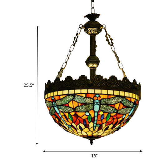 Mediterranean Stained Glass Pendant Chandelier with 3 Antique Brass Lights - Dragonfly, Heart, and Geometric Design