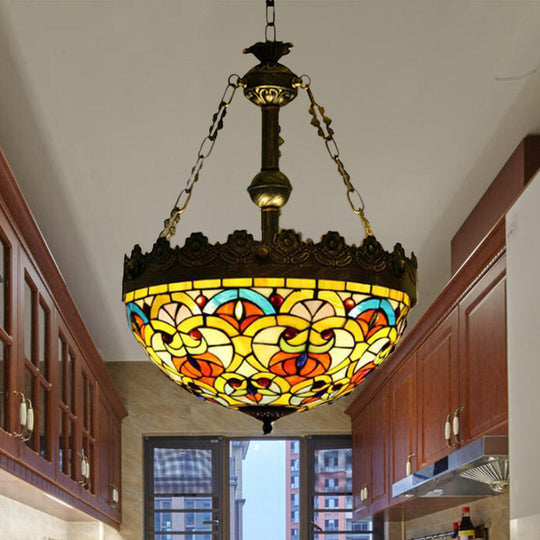 Mediterranean Stained Glass Pendant Chandelier with 3 Antique Brass Lights - Dragonfly, Heart, and Geometric Design