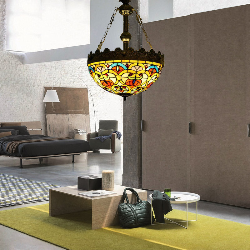 Mediterranean Stained Glass Pendant Chandelier with 3 Antique Brass Lights - Dragonfly, Heart, and Geometric Design