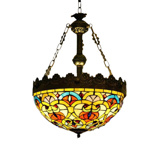 Mediterranean Stained Glass Pendant Chandelier with 3 Antique Brass Lights - Dragonfly, Heart, and Geometric Design