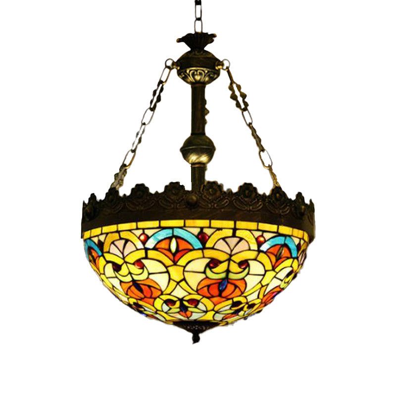 Dragonfly Heart Geometric Stained Glass Pendant Light - 3-Light Hanging Chandelier In Antique Brass