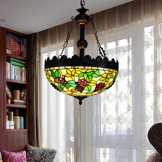 Tiffany Stained Glass Grape Chandelier Pendant - Green 3-Light Fixture For Living Room