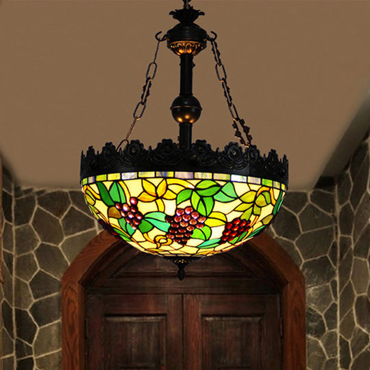 Green Tiffany Stained Glass Chandelier with 3 Lights - Grape Design Pendant for Living Room