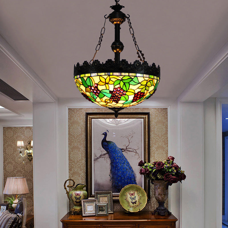 Tiffany Stained Glass Grape Chandelier Pendant - Green 3-Light Fixture For Living Room