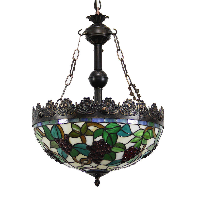 Green Tiffany Stained Glass Chandelier with 3 Lights - Grape Design Pendant for Living Room