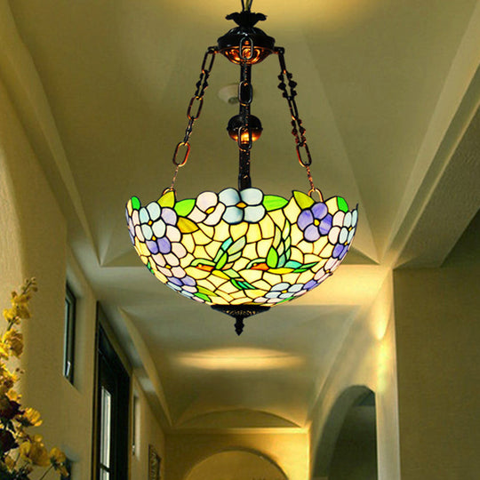 Mediterranean Flower Stained Glass Chandelier Pendant Light - 3-Light Weathered Copper Suspension Lamp