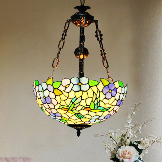 Mediterranean Flower Stained Glass Chandelier Pendant Light - 3-Light Weathered Copper Suspension Lamp