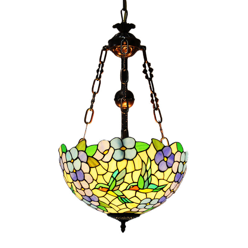 Mediterranean Flower Stained Glass Chandelier Pendant Light - 3-Light Weathered Copper Suspension Lamp