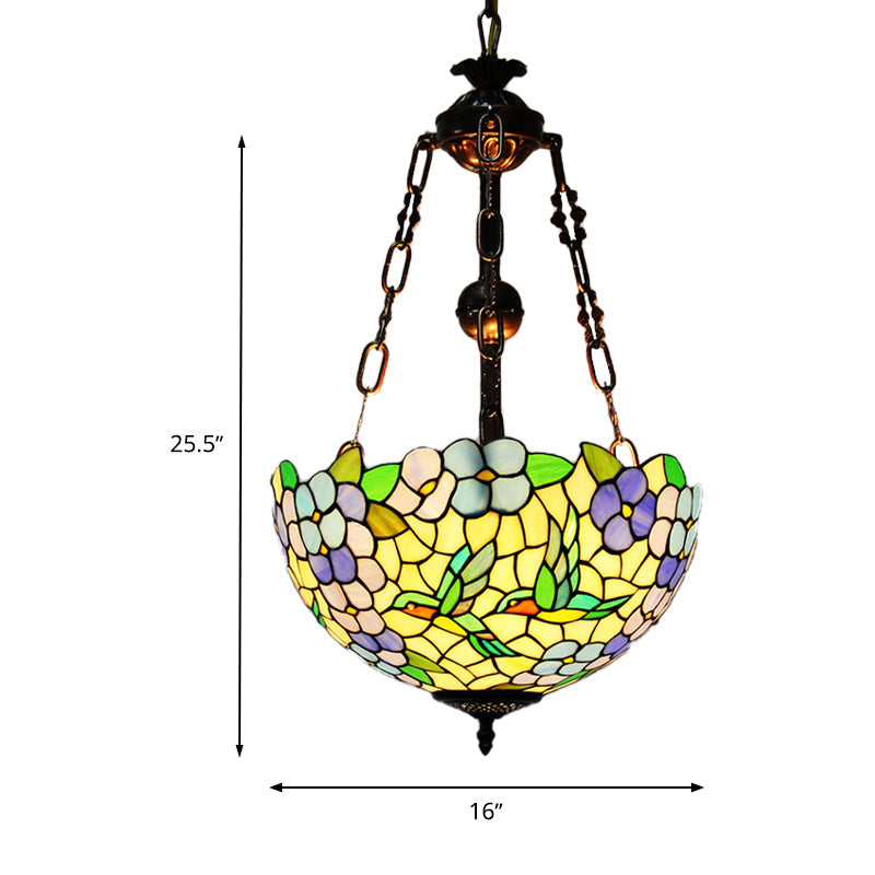 Mediterranean Flower Stained Glass Chandelier Pendant Light - 3-Light Weathered Copper Suspension Lamp