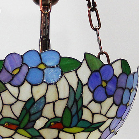 Mediterranean Flower Stained Glass Chandelier Pendant Light - 3-Light Weathered Copper Suspension Lamp