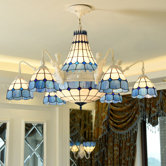 White Stained Glass Chandelier With Grid Pattern - 13 Lights Baroque Suspension Pendant