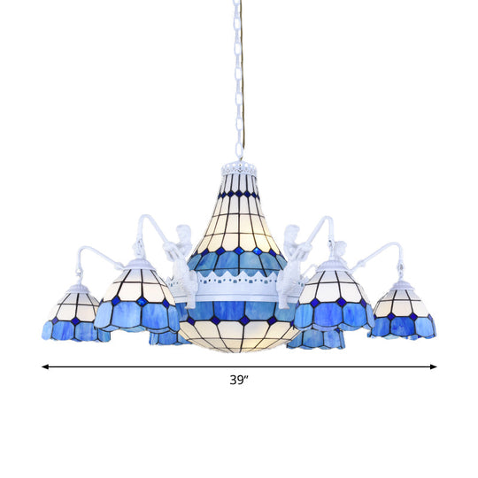 Baroque Stained Glass Grid Pattern Chandelier with 13 Lights Pendant