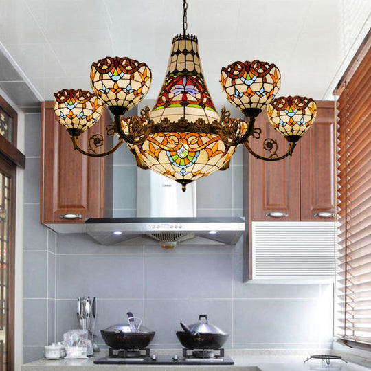 Tiffany Brass Dining Room Chandelier - 11/13 Lights Pendant With Stained Glass Shade 39/47 Width /