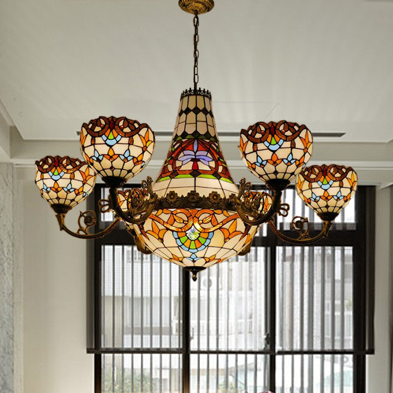 Tiffany Brass Dining Room Chandelier - 11/13 Lights Pendant With Stained Glass Shade 39/47 Width