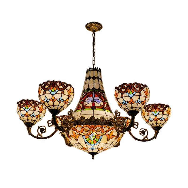 Tiffany Brass Dining Room Chandelier - 11/13 Lights Pendant With Stained Glass Shade 39/47 Width