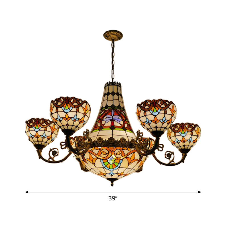 Tiffany Brass Dining Room Chandelier - 11/13 Lights Pendant With Stained Glass Shade 39/47 Width