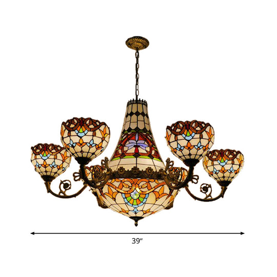 Tiffany Brass Dining Room Chandelier - 11/13 Lights Pendant With Stained Glass Shade 39/47 Width