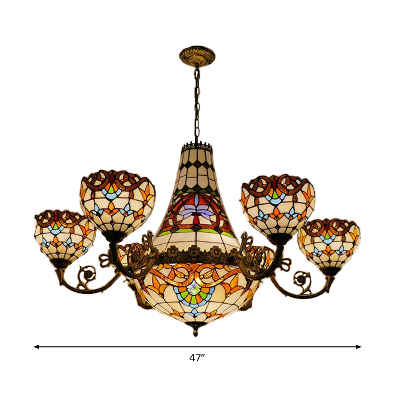 Tiffany Brass Dining Room Chandelier - 11/13 Lights Pendant With Stained Glass Shade 39/47 Width