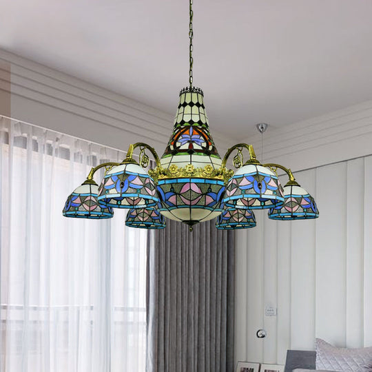 Curved Arm Stained Glass Chandelier - 11 Lights Mediterranean Ceiling Light in Pink/Blue/Purplish Blue