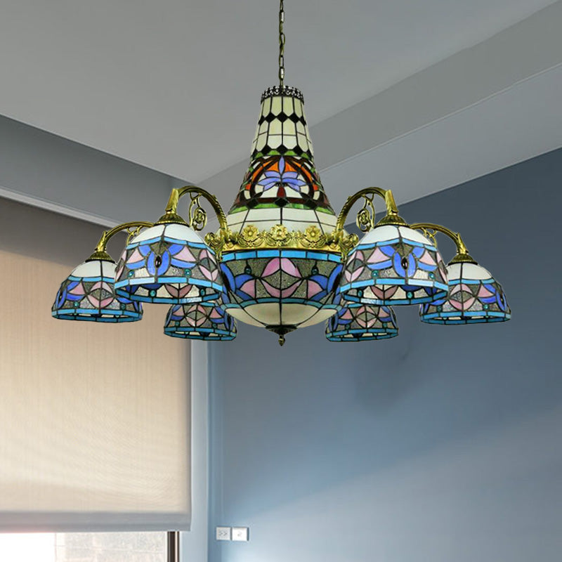 Curved Arm Stained Glass Chandelier - 11 Lights Mediterranean Ceiling Light in Pink/Blue/Purplish Blue