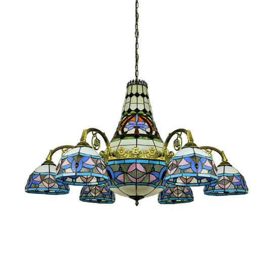 Curved Arm Stained Glass Chandelier - 11 Lights Mediterranean Ceiling Light in Pink/Blue/Purplish Blue