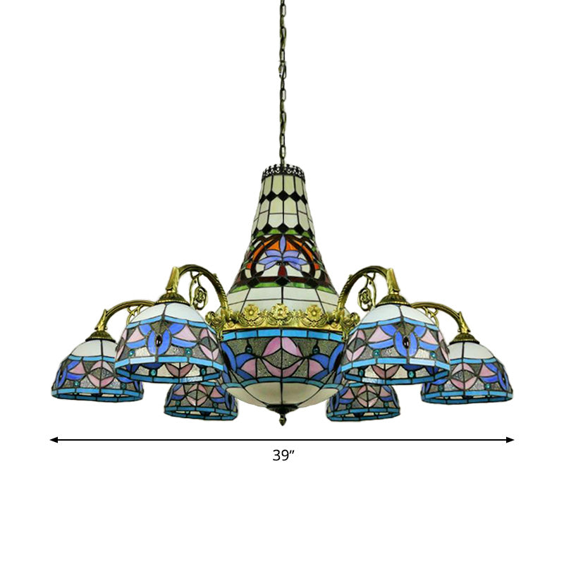 Curved Arm Stained Glass Chandelier - 11 Lights Mediterranean Ceiling Light in Pink/Blue/Purplish Blue